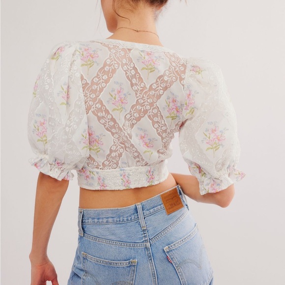 For Love And Lemons White Puff Sleeve Crop Blouse - Picture 2 of 5